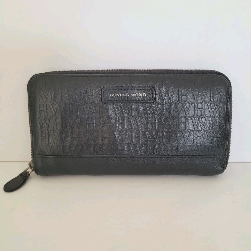 Hunting‎ World Black Leather Zip Around Card Bill Large Wallet Long Italian